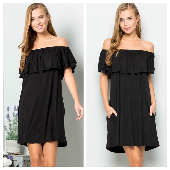 Ruffle Off Shoulder w/pockets Swing LBD Dress - Picture 2 of 5